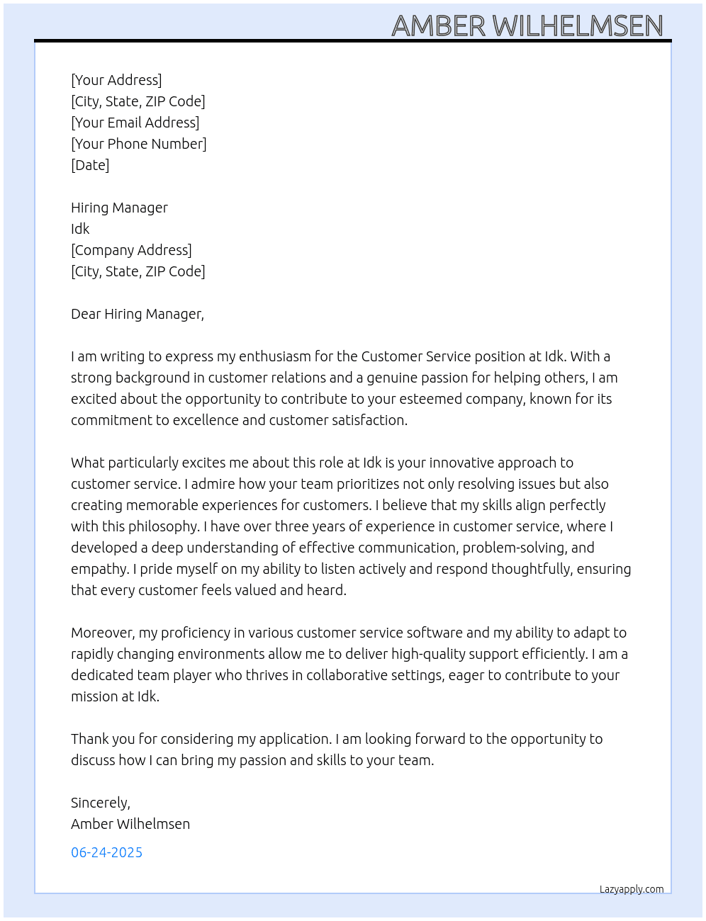 Customer service At Idk  Cover Letter