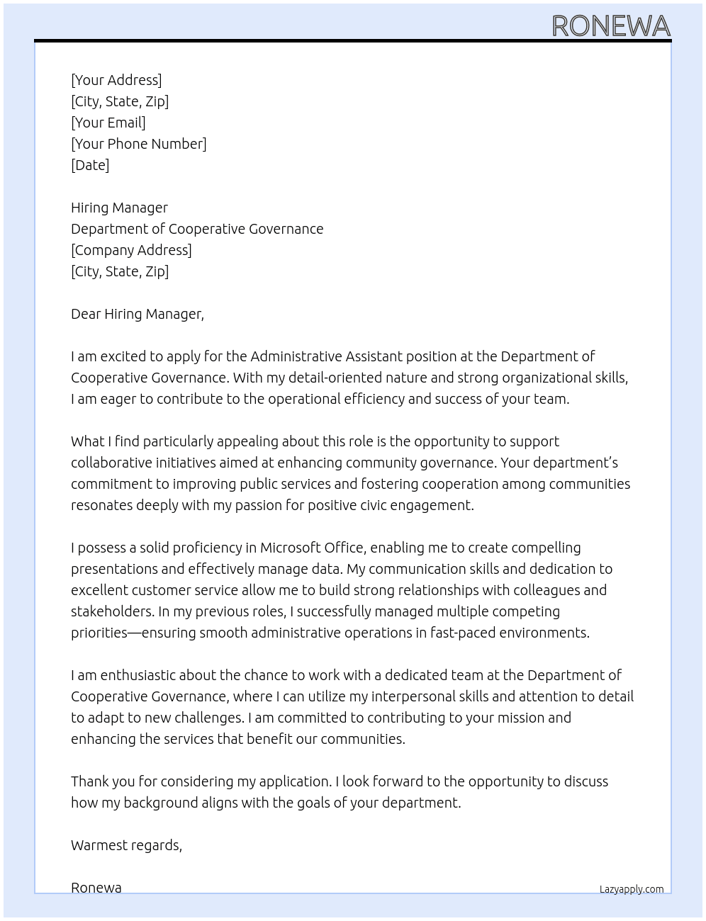 Administrative Assistant  At Department of cooperative governance  Cover Letter