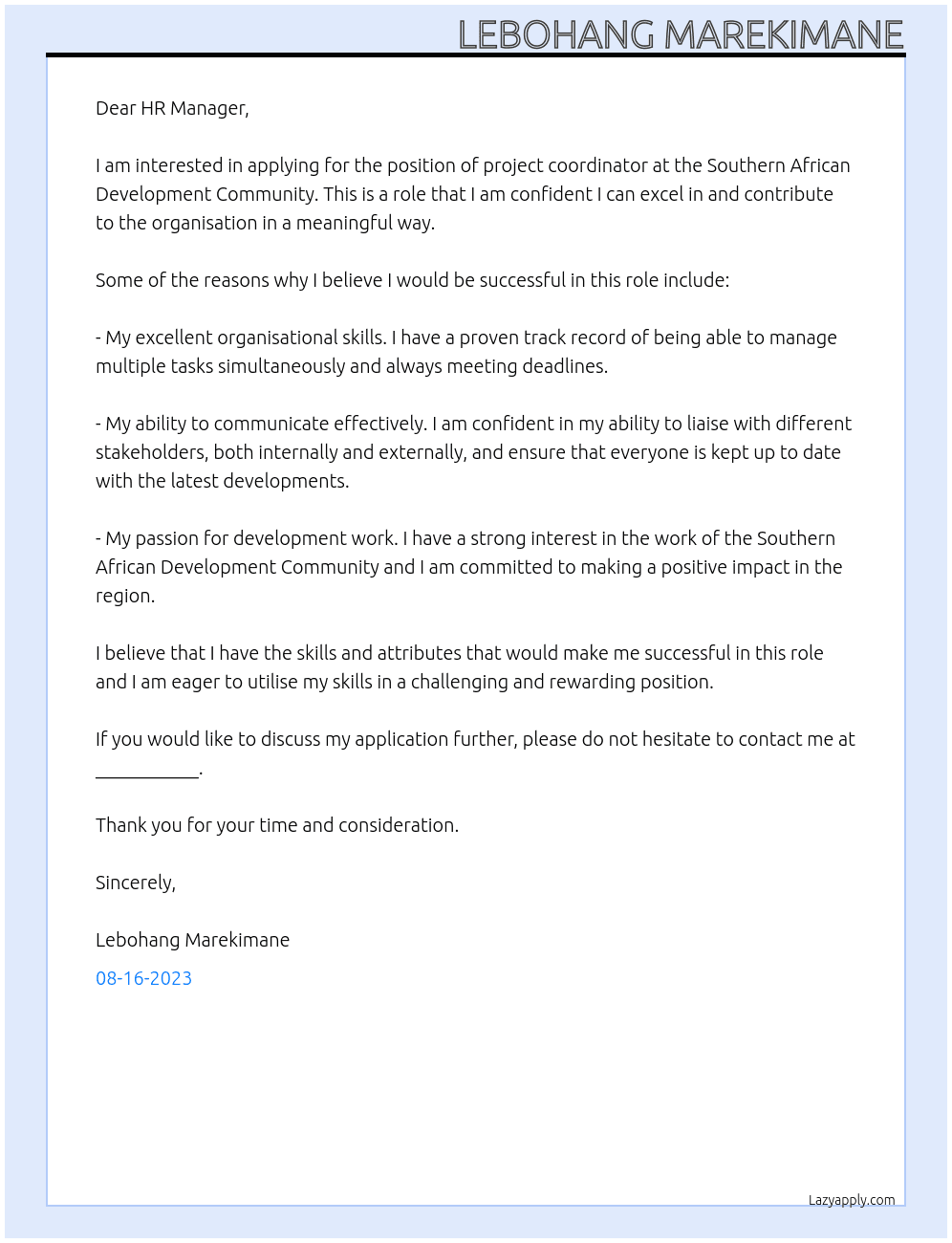 project coordinator At Southern African Development community Cover Letter