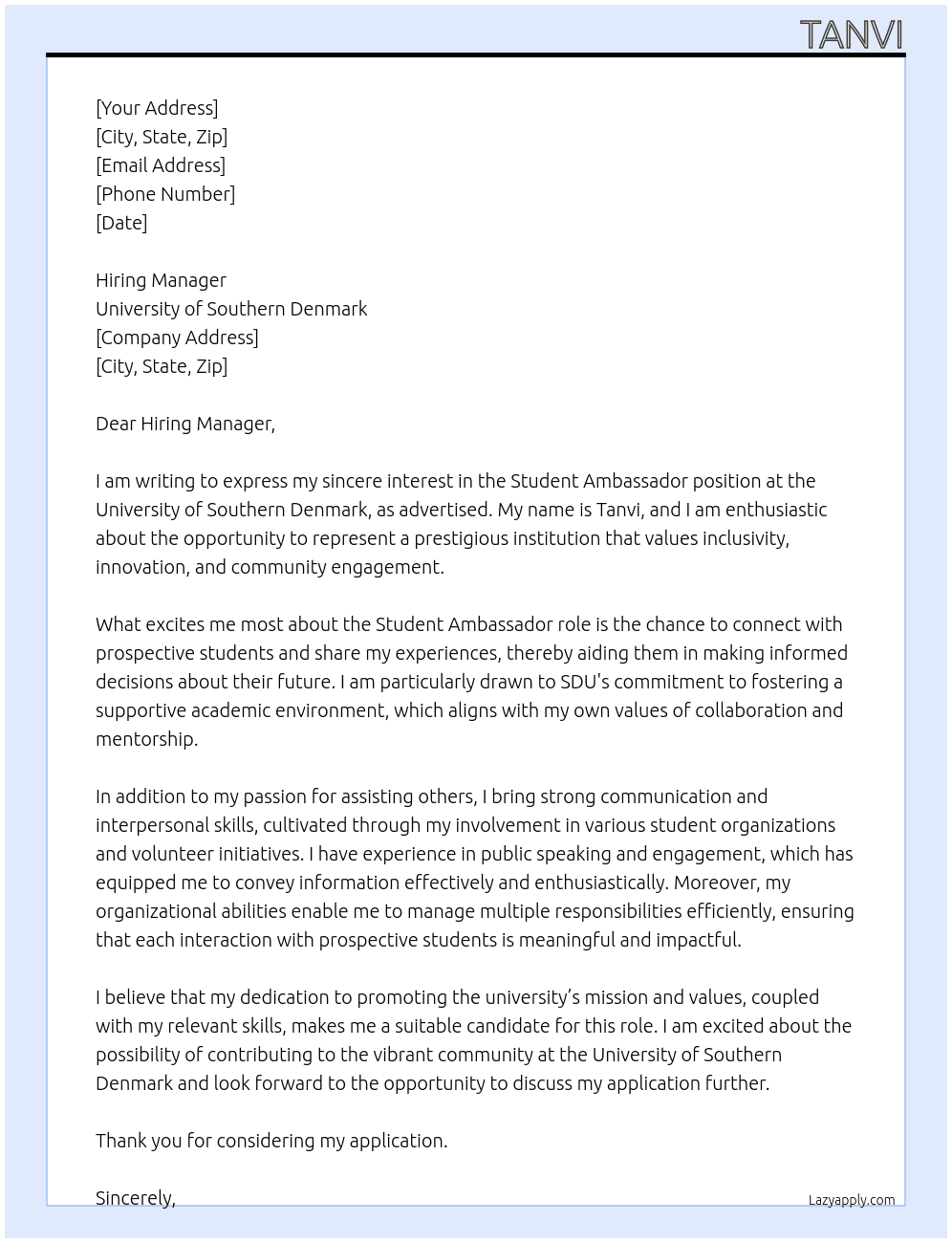 Cover letter for student ambassdor - LazyApply
