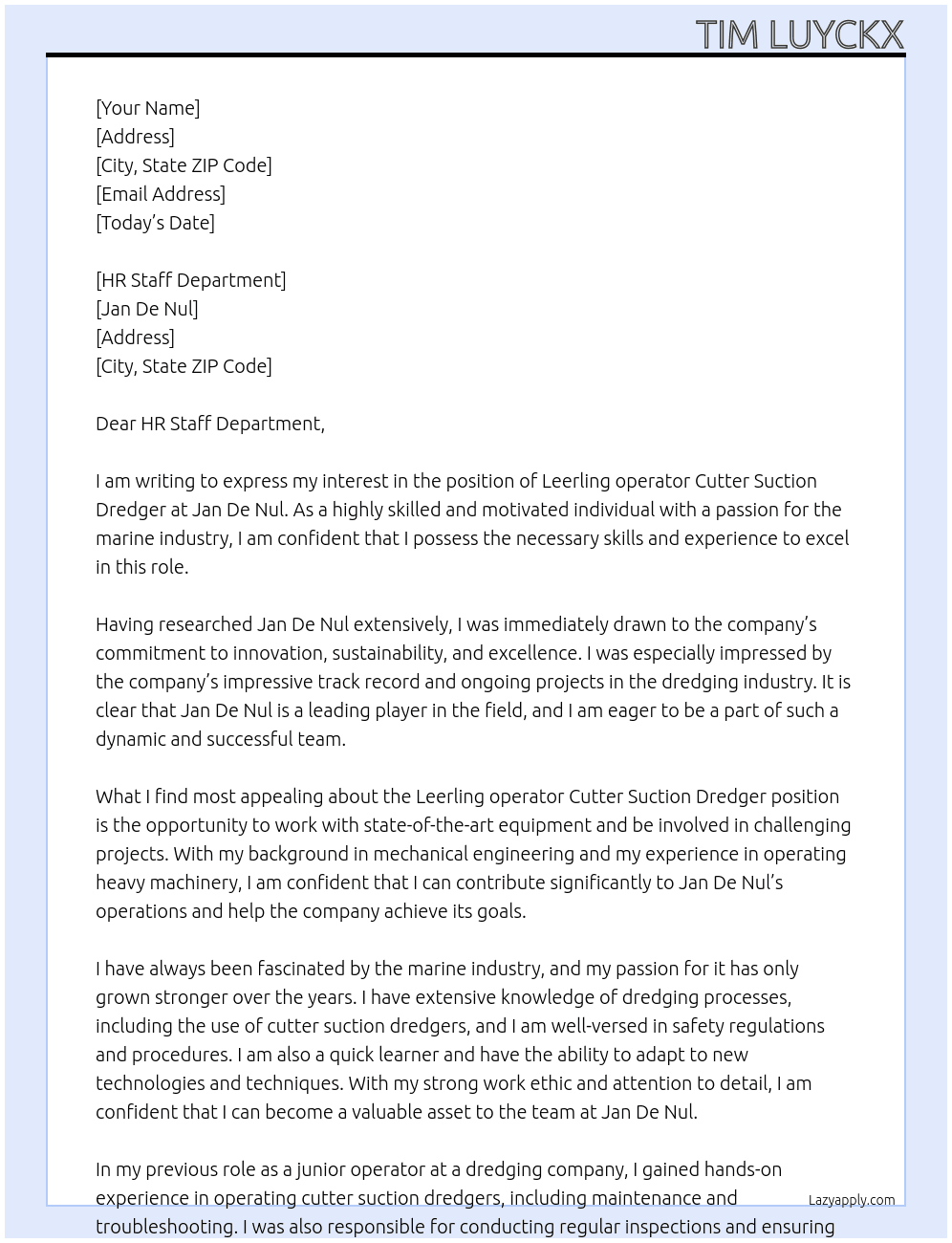 Leerling operator Cutter Suction Dredger At Jan de nul  Cover Letter