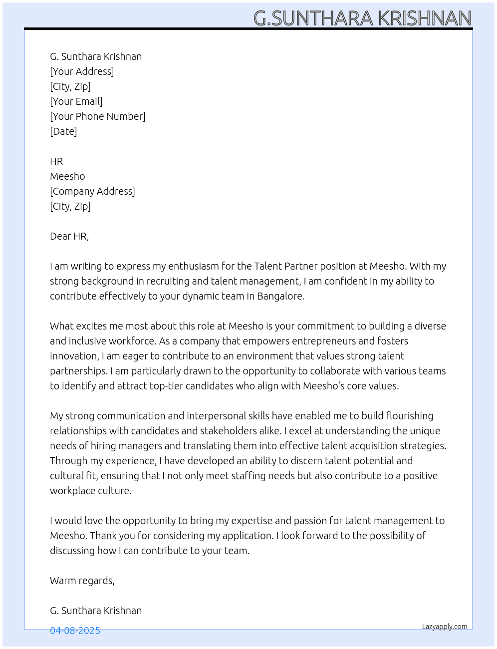 Cover letter for talent partner - LazyApply