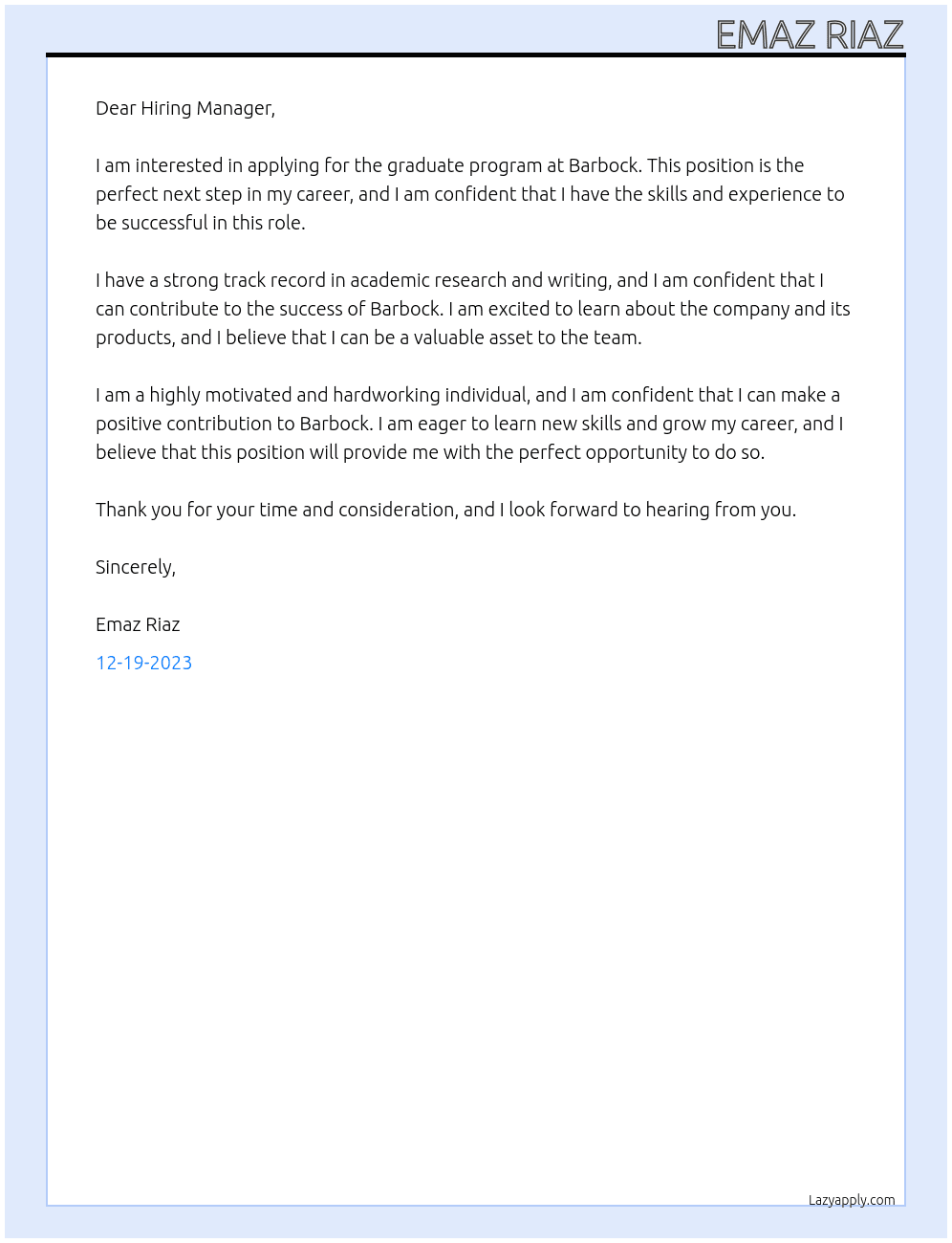 graduate program  At Barbock Cover Letter
