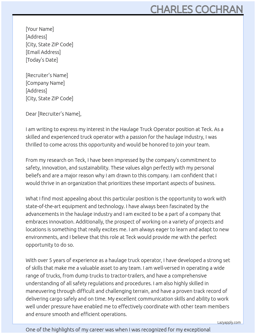 Haulage Truck Operator At Teck Cover Letter