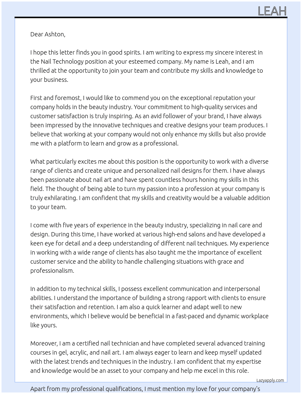 Nail Technology  At Ashton Cover Letter