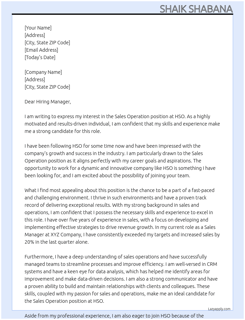 Sales Operation At HSO Cover Letter