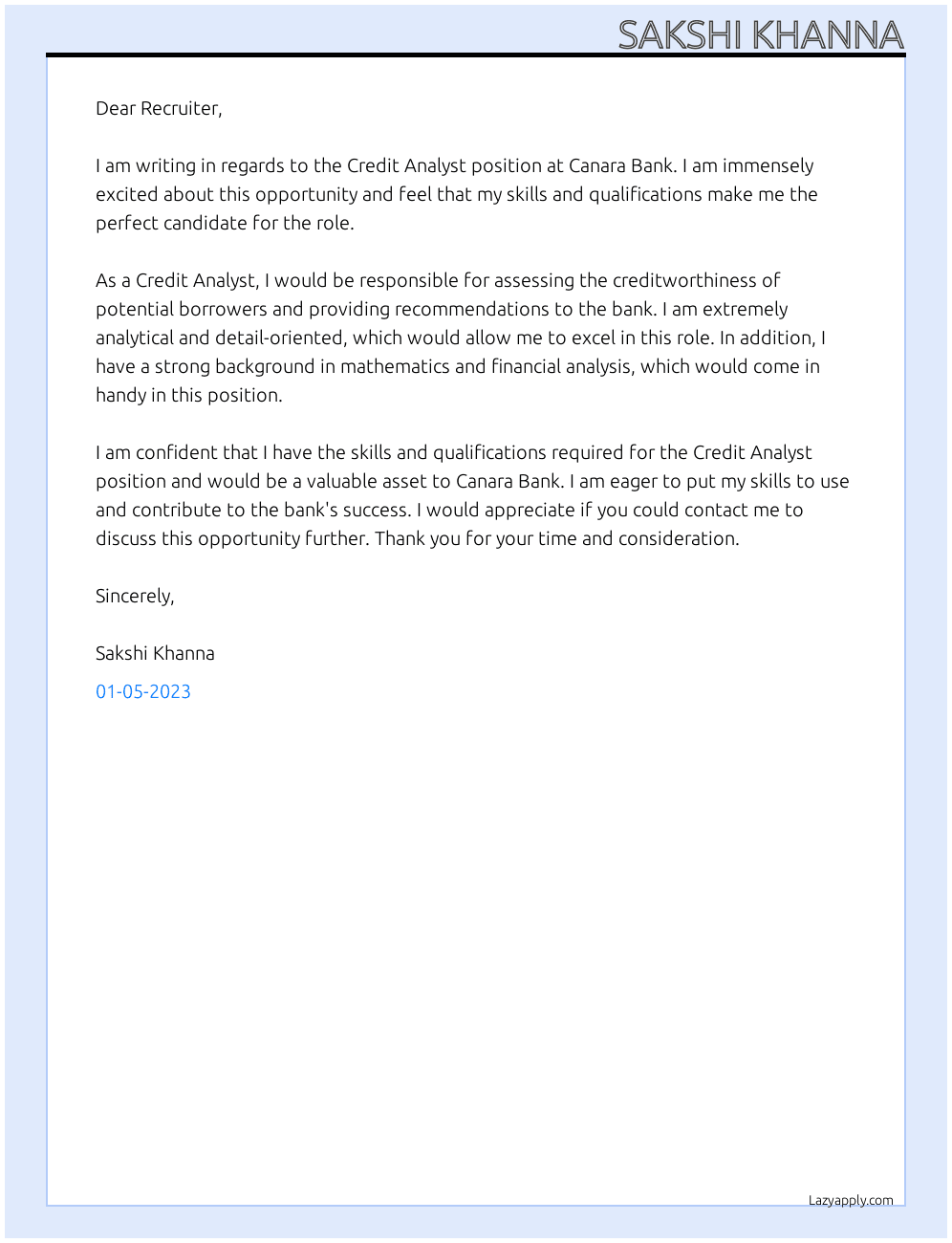 Credit Analyst At Canara Bank Cover Letter