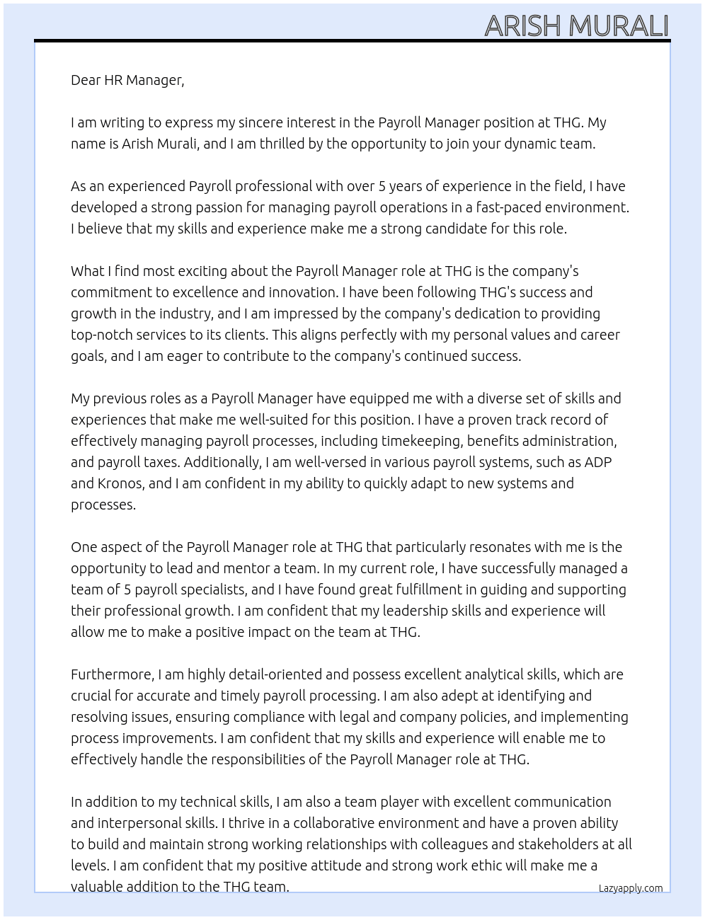 Payroll manager  At THG Cover Letter