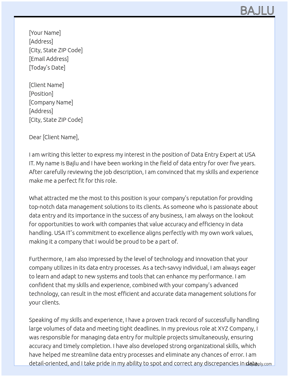 Data entry expert At USA IT Cover Letter