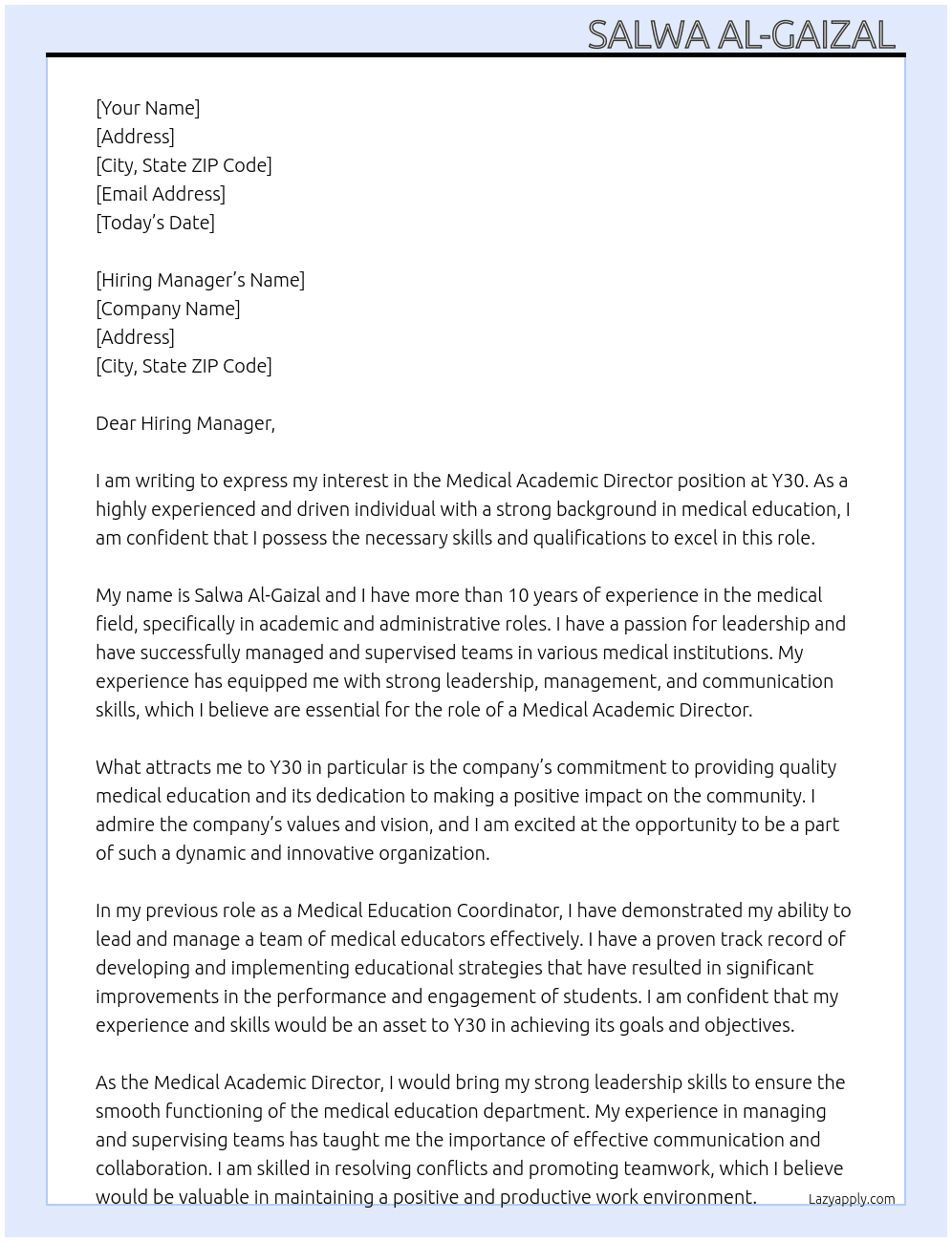 Medical academic director At Y30 Cover Letter