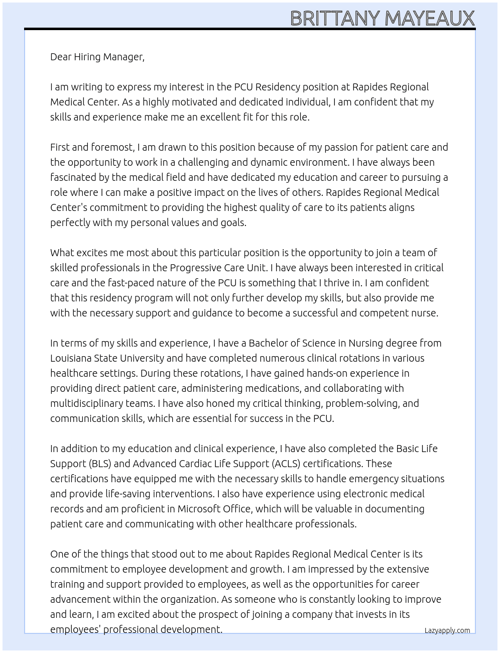 PCU Residency  At Rapides Reginal Medical Center Cover Letter