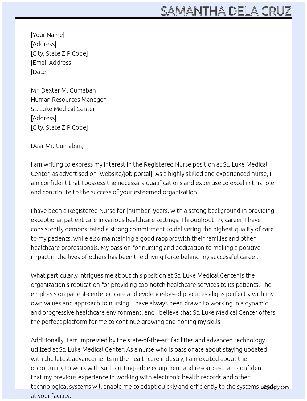 Registered Nurse  At St. Luke Medical Center  Cover Letter