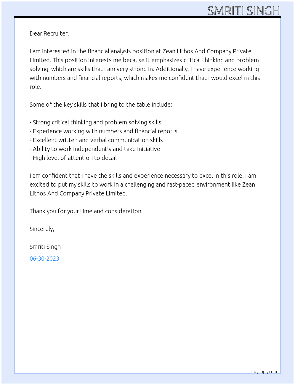 Financial Analysis At Zean Lithos And Company Private Limited Cover Letter