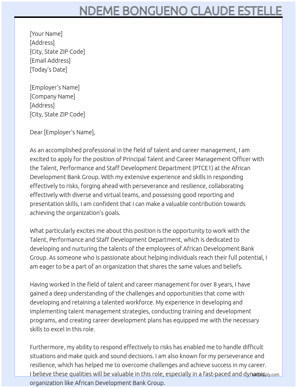 Principal Talent and Career Management Officer, PTCE1 At AFRICAN DEVELOPMENT BANK GROUP Cover Letter