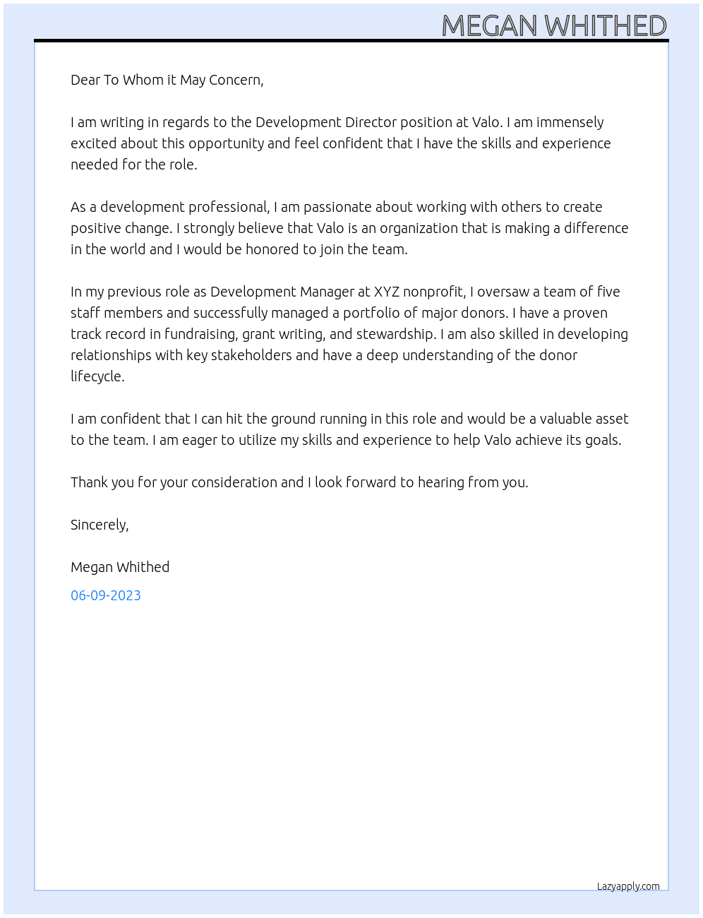 Development Director At Valo Cover Letter