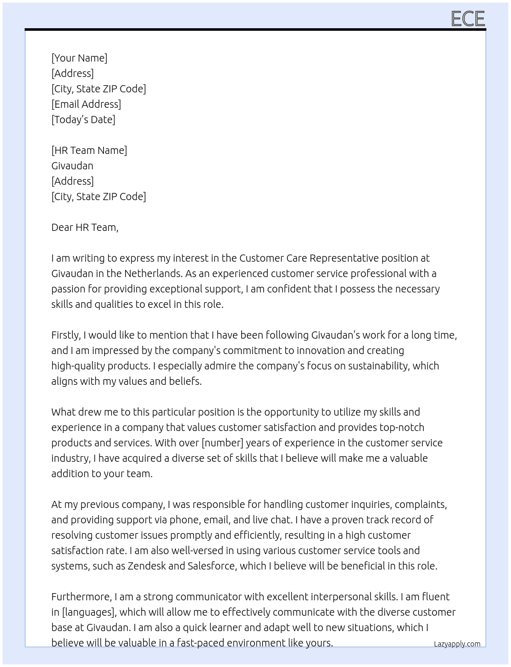 Customer Care Representative At Givaudan Cover Letter