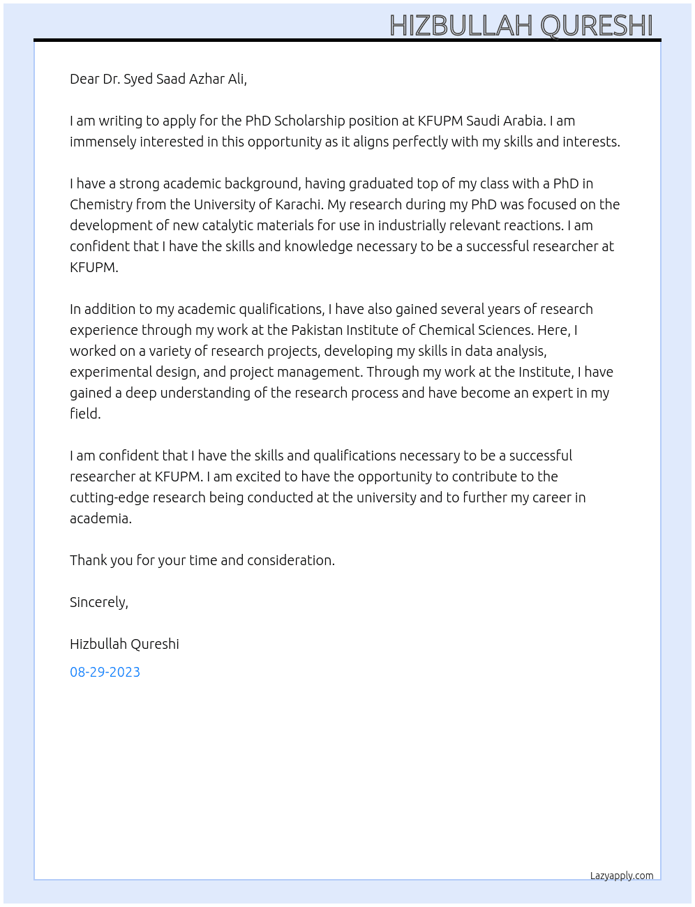 PhD Scholarship  At KFUPM Saudi Arabia  Cover Letter