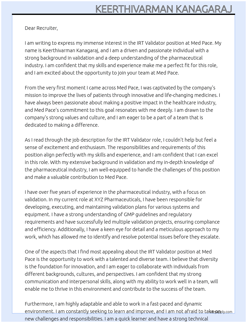 IRT validatot At Med pace Cover Letter