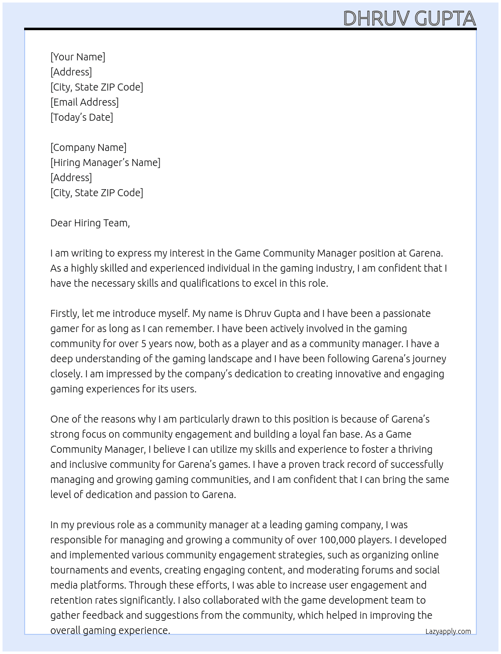 Cover letter for game community manager - LazyApply