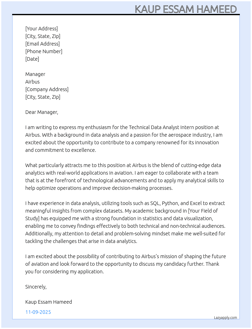 Technical Data Analyst Intern At Airbus  Cover Letter