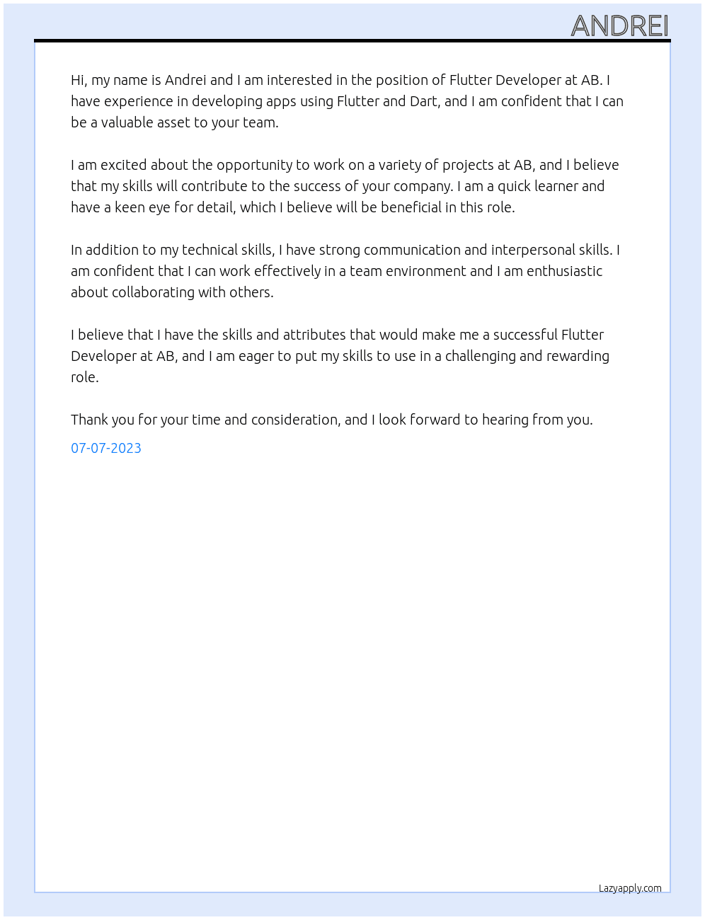 Flutter Developer At AB Cover Letter