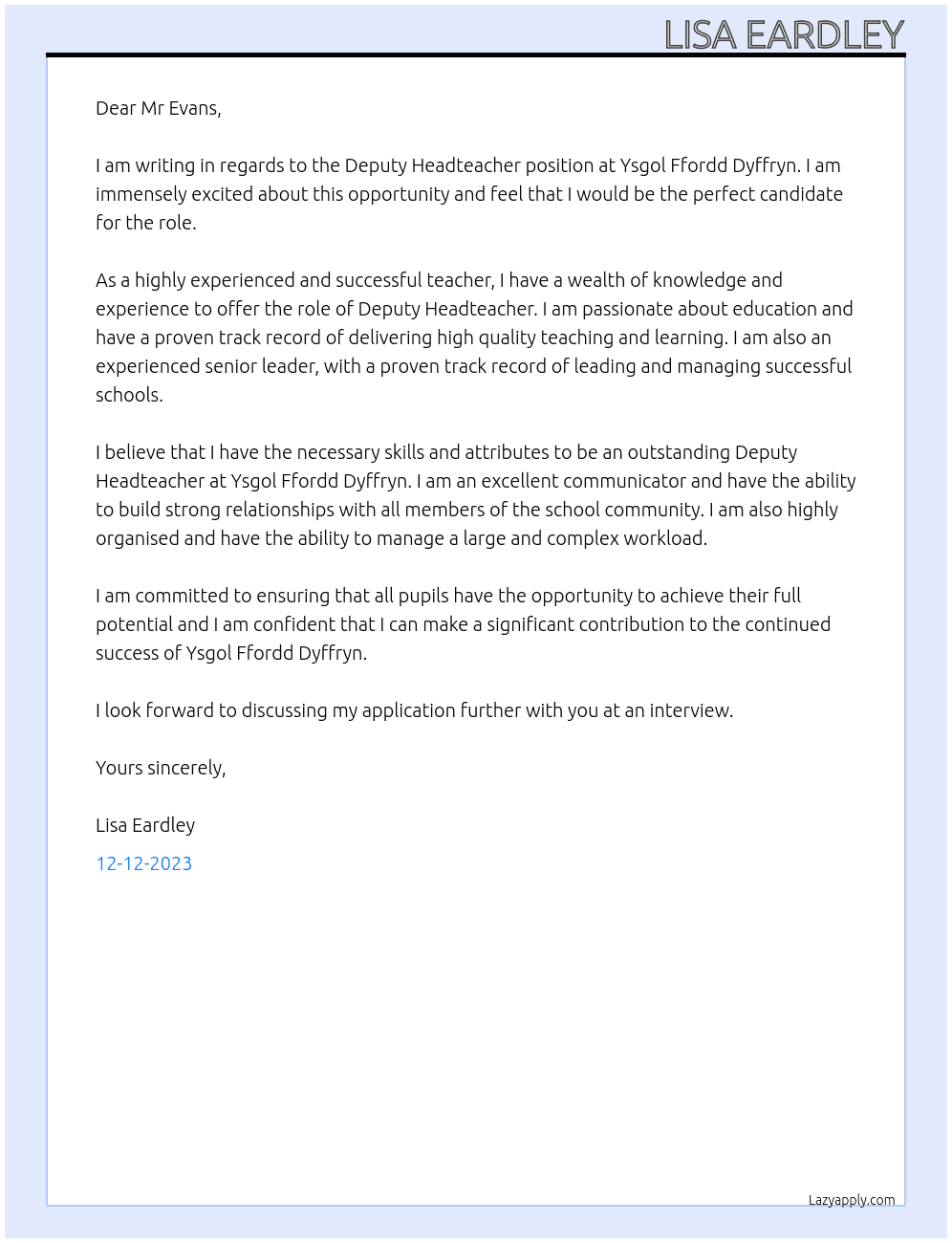 Deputy Headteacher At Ysgol Ffordd Dyffryn Cover Letter