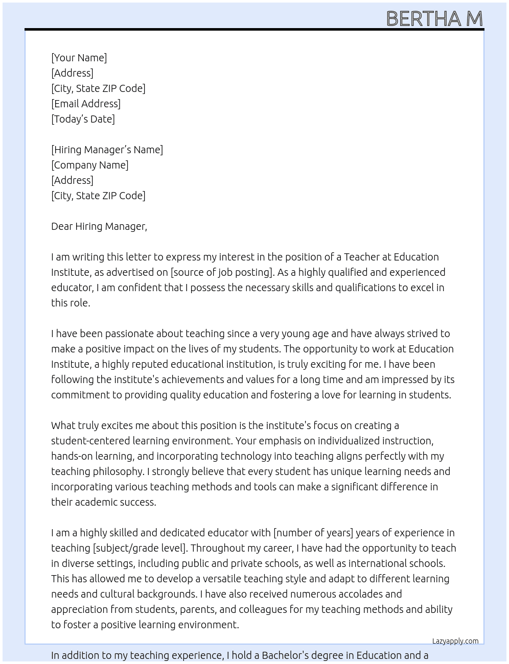 Teacher At Education institute Cover Letter