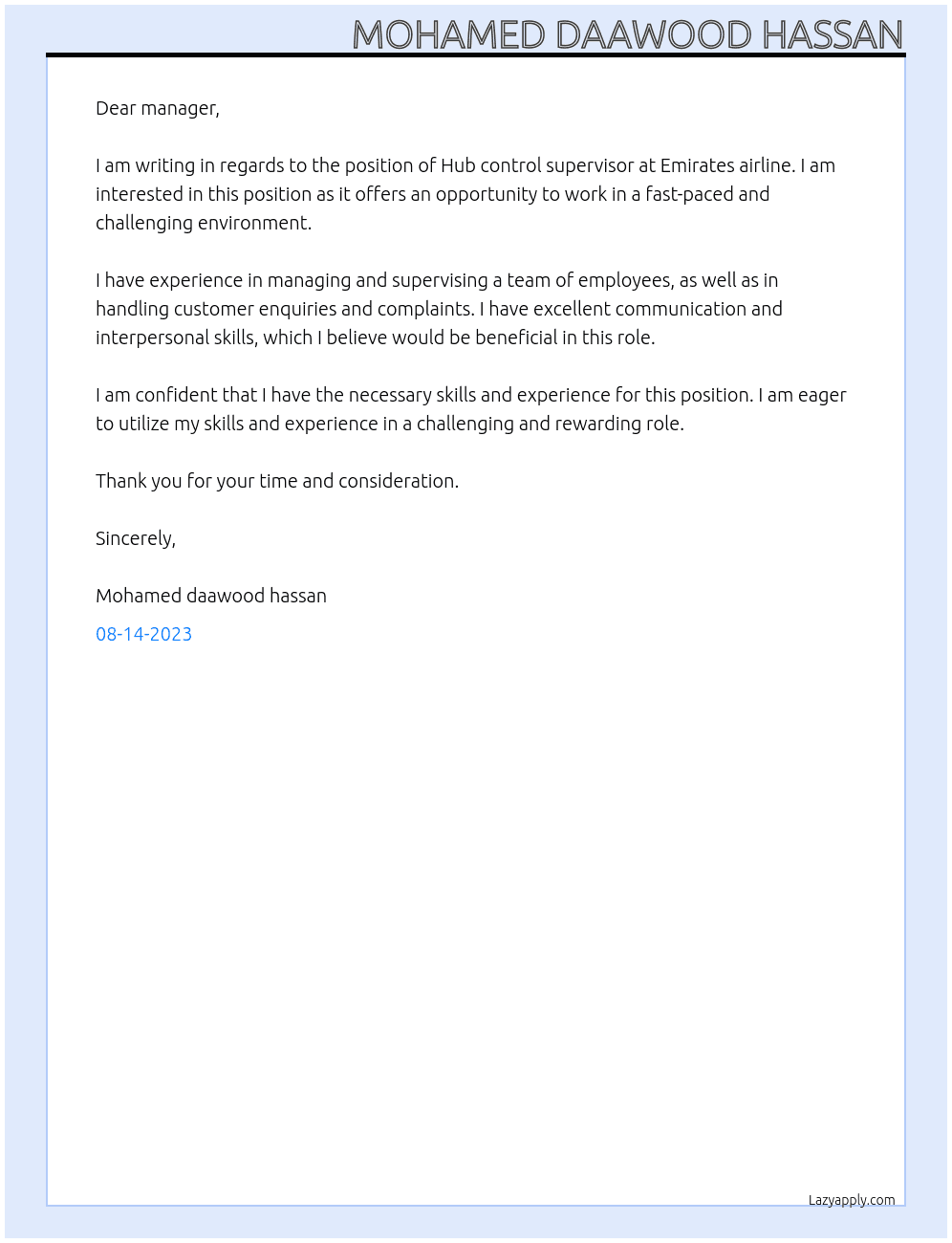 Hub control supervisor At Emirates aurline Cover Letter