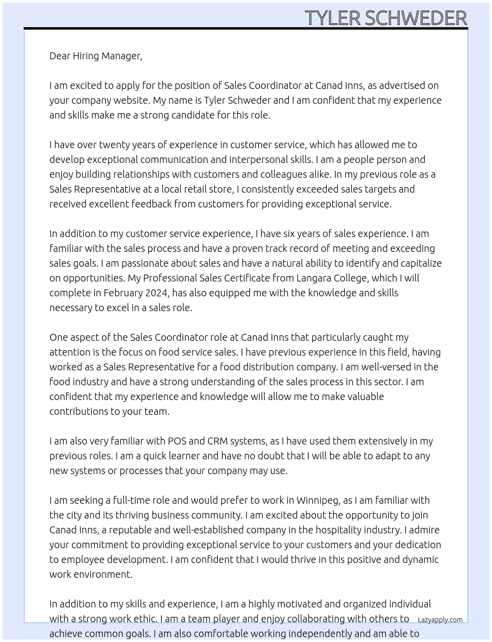 Sales Cordinator At Canad Inns Cover Letter