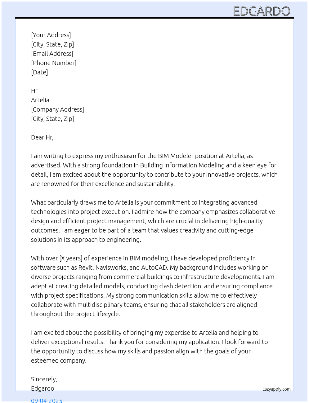 Bim modeler  At Artelia Cover Letter