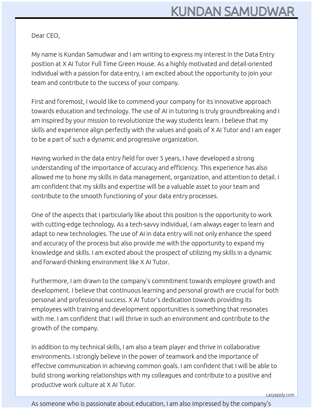 Data entry  At X ai tutor full time green house  Cover Letter