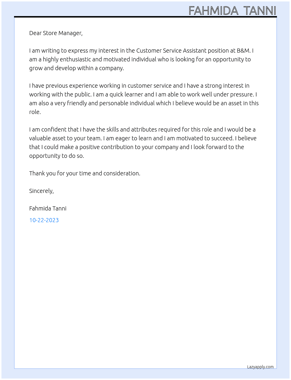 Customer service assistant At B & M Cover Letter
