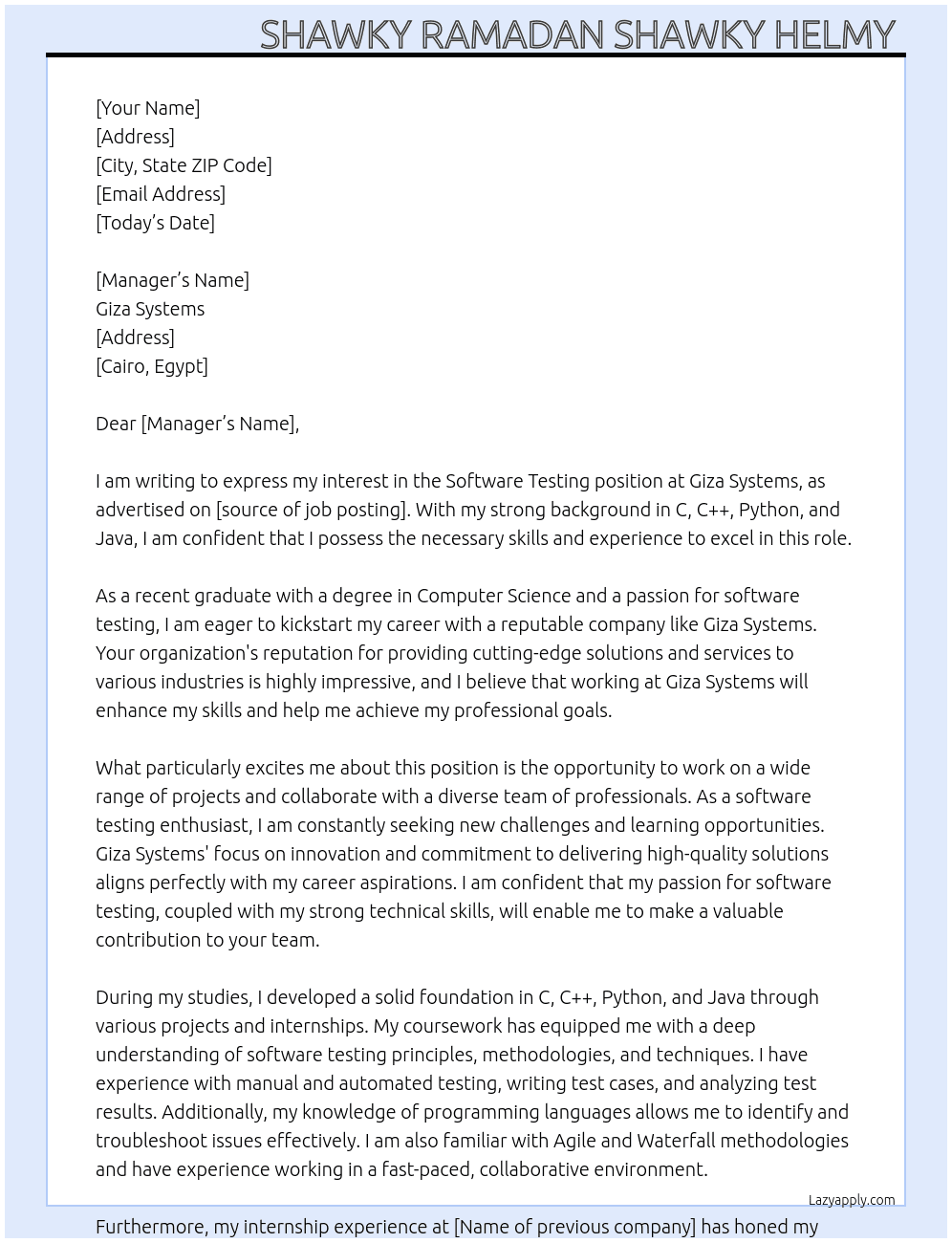 Software testing  At Giza Systems  Cover Letter