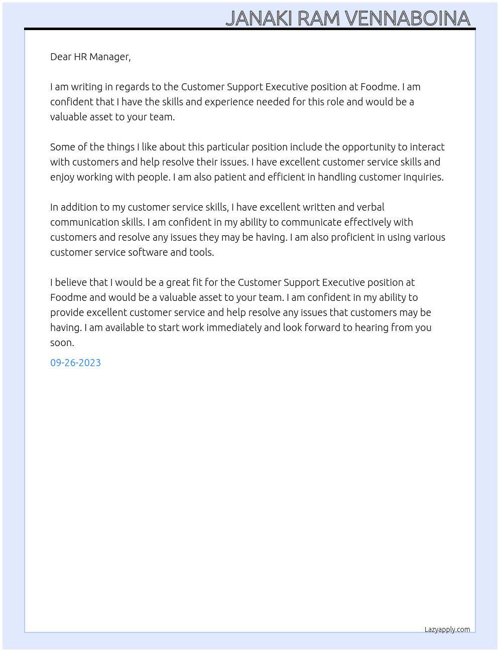 Customer support executive  At Foodme  Cover Letter