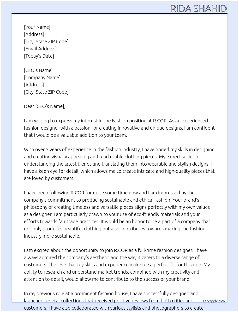 Fashion  At R.COR Cover Letter