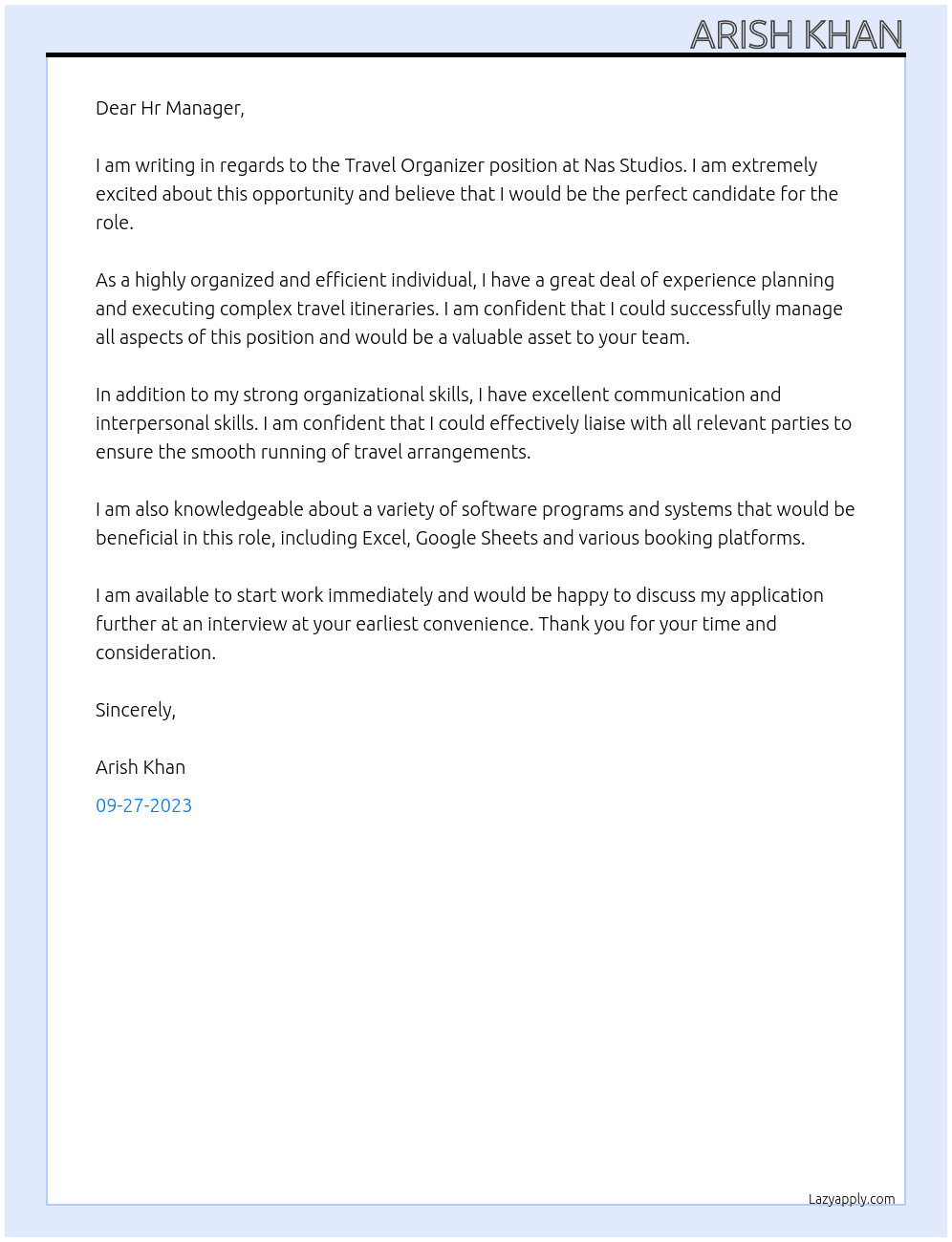 Travel Organizer At Nas Studios Cover Letter