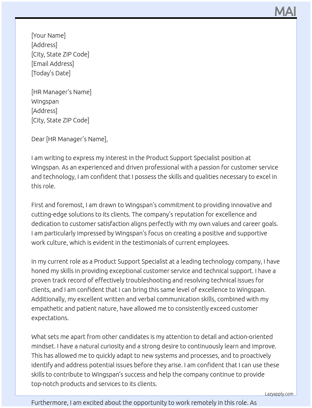 product support specialist At Wingspan Cover Letter