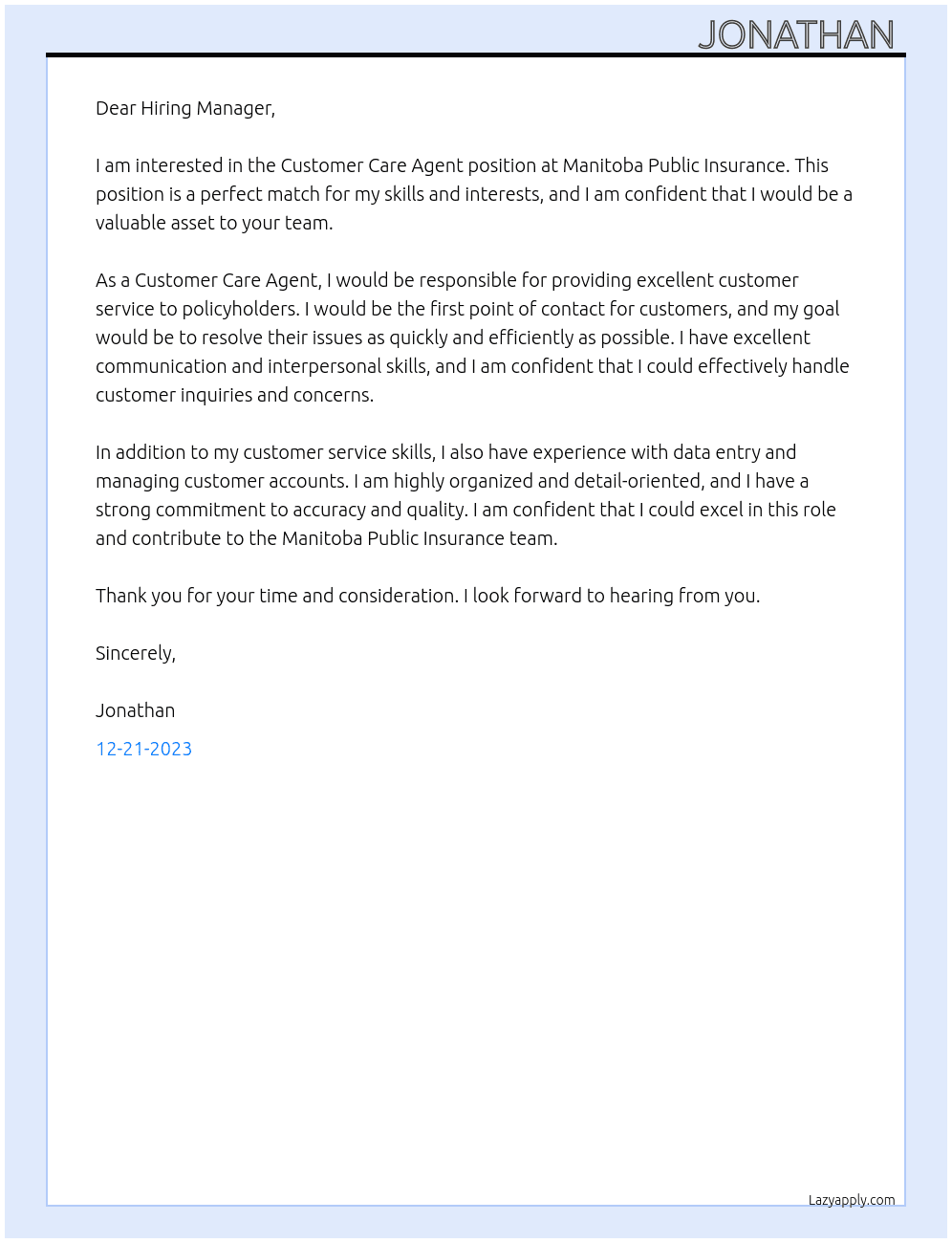 Customer Care Agent At Manitoba Public Insurance  Cover Letter