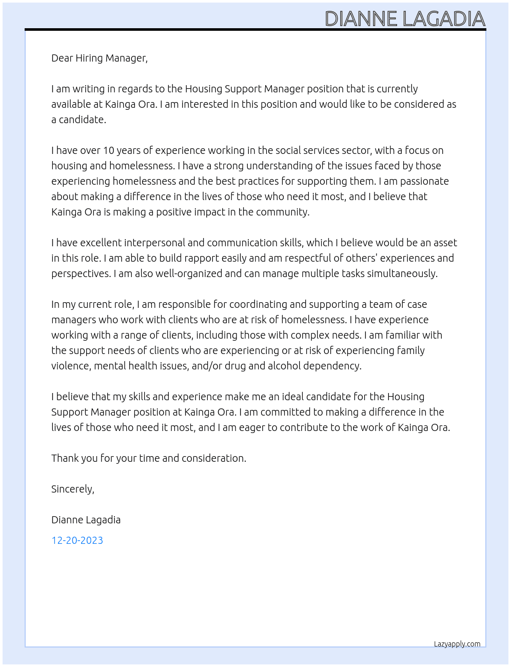 Housing Support Manager At Kainga Ora Cover Letter