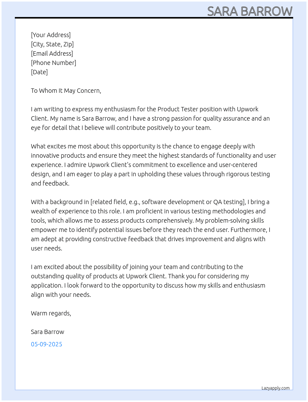 Product tester At Upwork Client Cover Letter