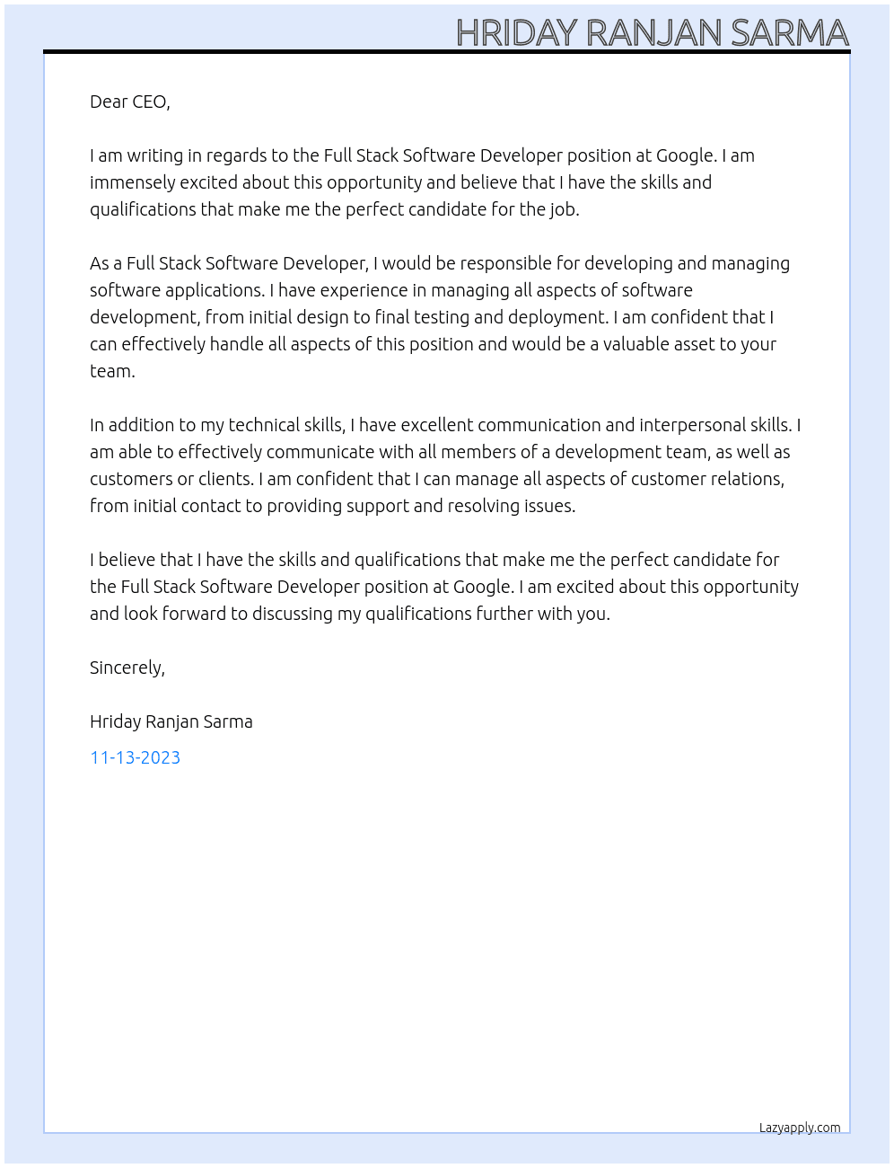 Full Stack Software Developer At Google Cover Letter