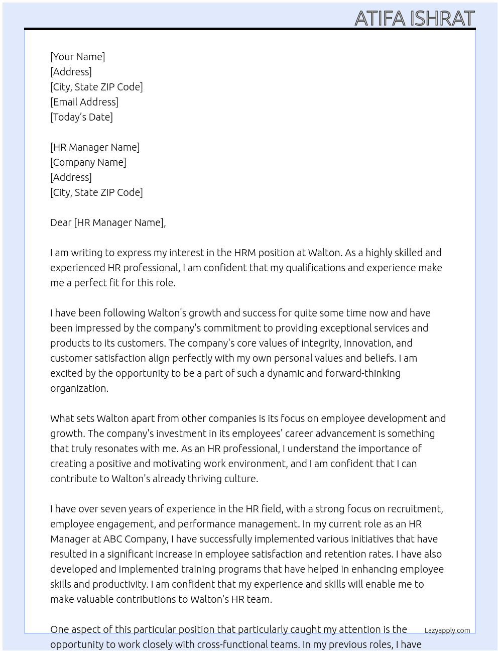 HRM At Walton Cover Letter