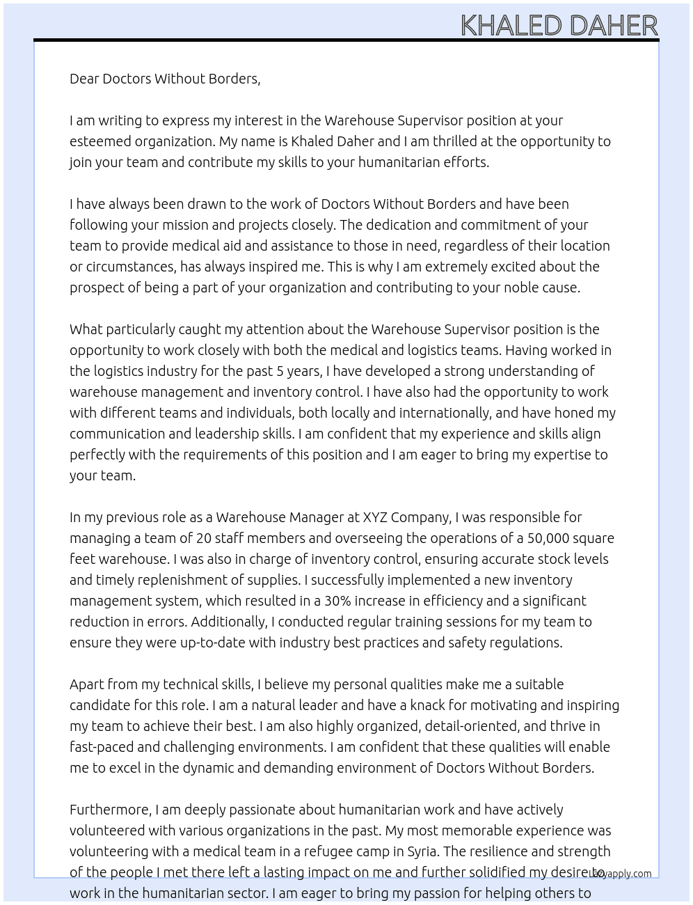 Warehouse supervisor At Doctors Without Borders Cover Letter
