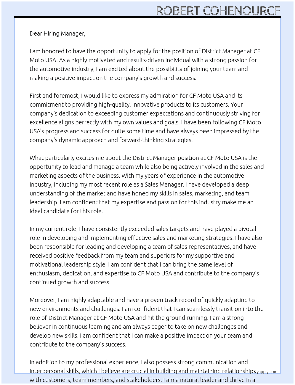 District ManagerRobert E COhenour II At CF Moto USA Cover Letter
