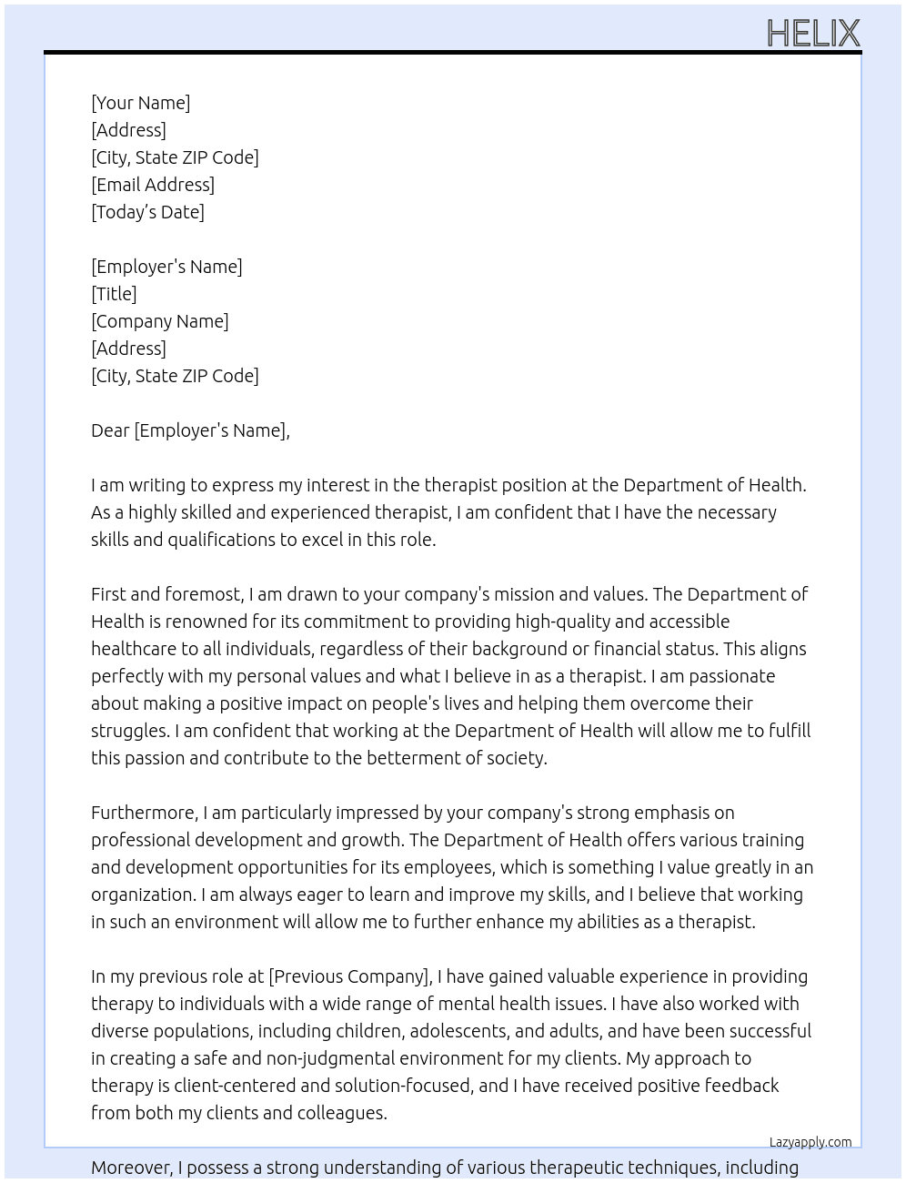 therapist At department of health Cover Letter