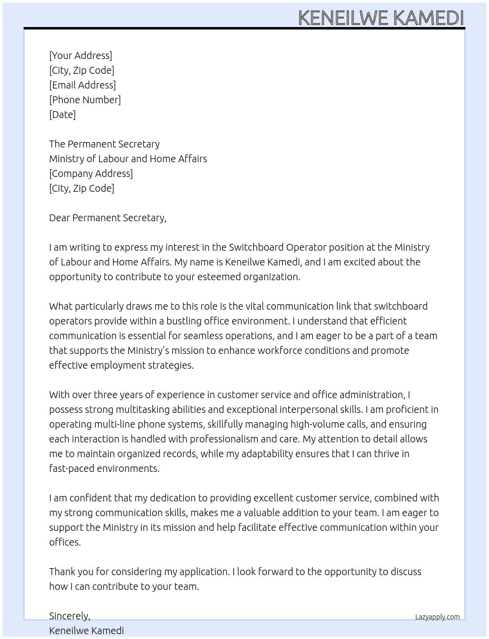 Cover letter for switchboard operator - LazyApply
