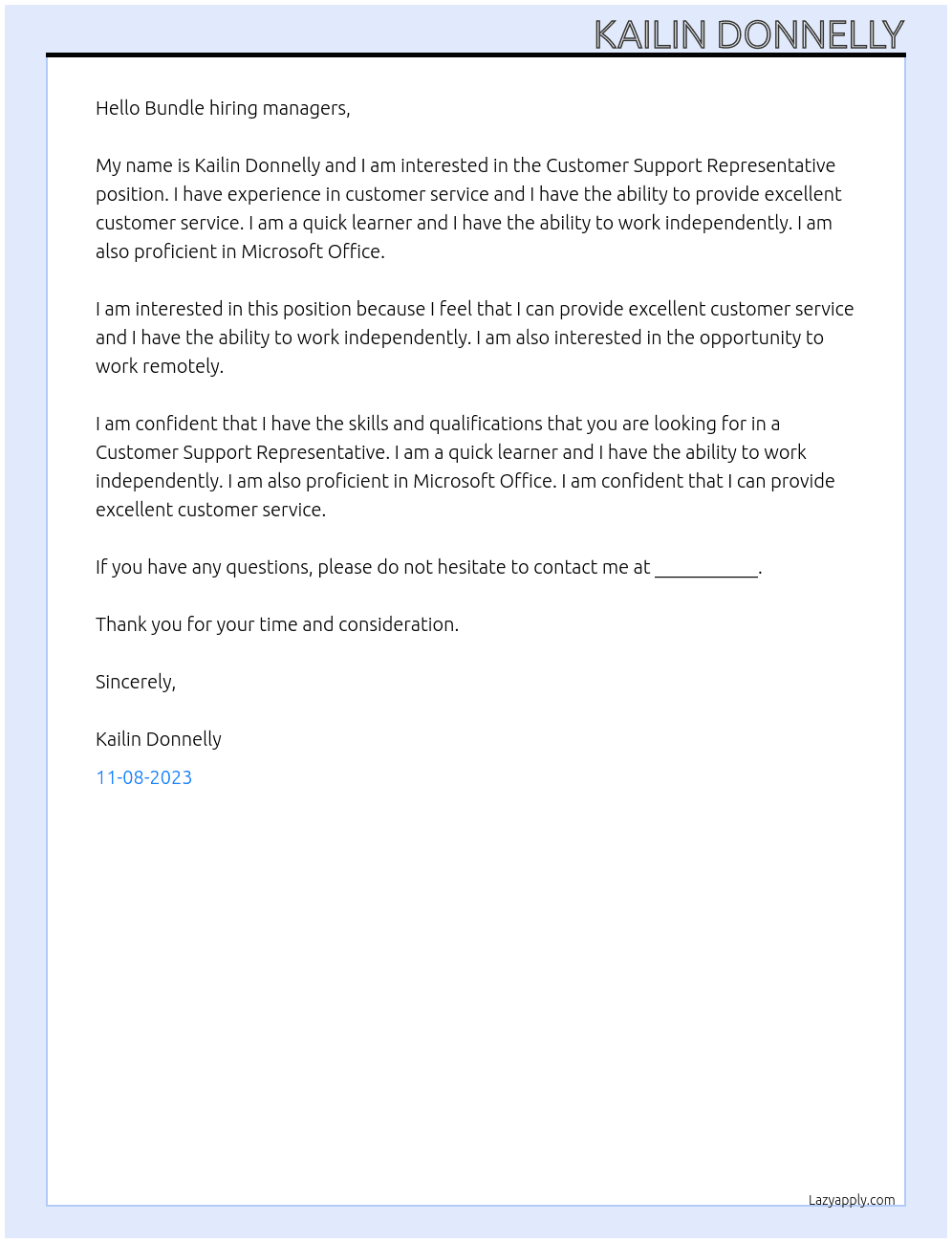 Customer Support Representative  At Bundle Cover Letter