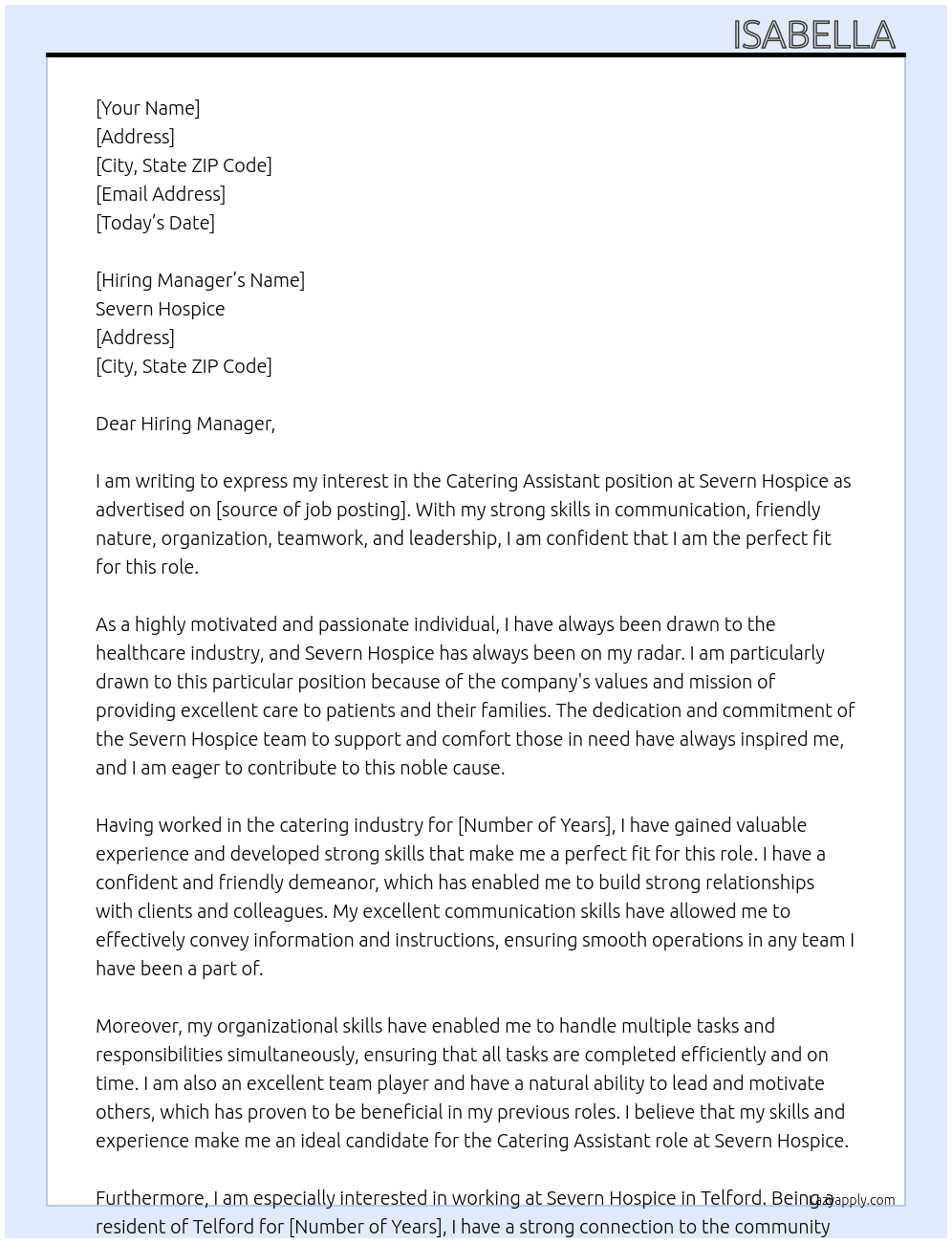 Catering Assistant At Severn Hospice Cover Letter