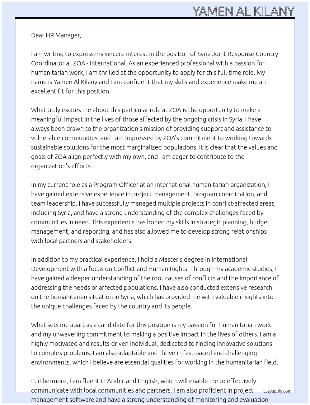 Syria Joint Response Country Coordinator At ZOA - International Cover Letter