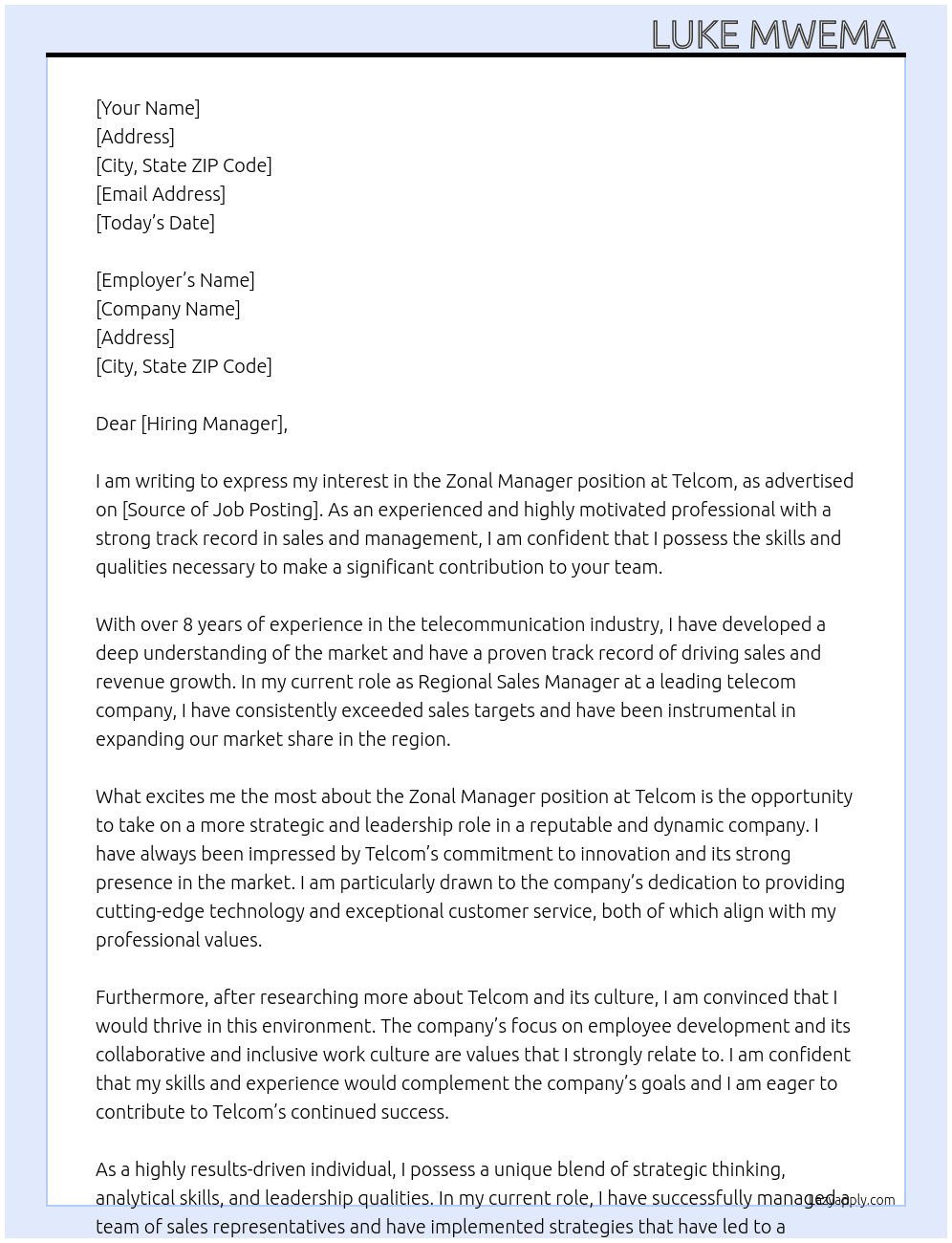 Zonal manager At Telcom Cover Letter